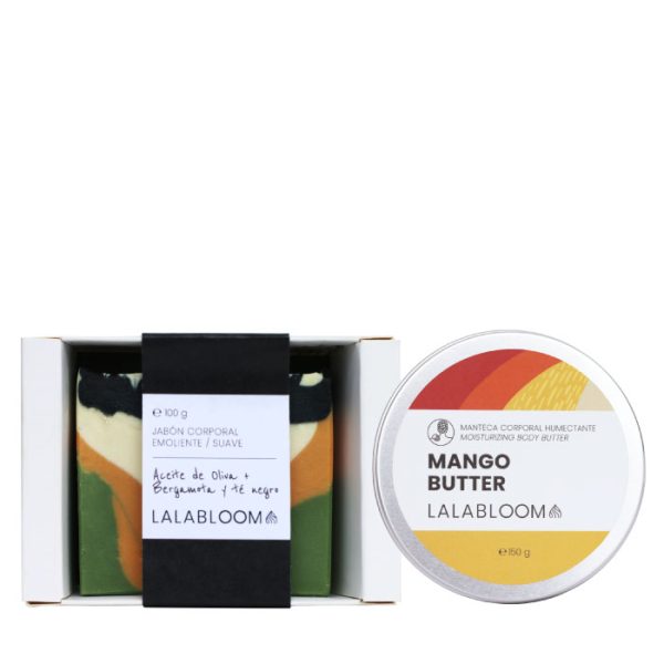 Pack jab¢n artesanal aceite de oliva bergamota y t‚ negro y manteca corporal de mango